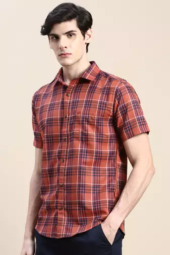 men's short sleeves tartan checks rust shirt