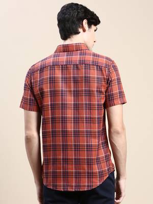 men's short sleeves tartan checks rust shirt 4