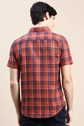 men's short sleeves tartan checks rust shirt
