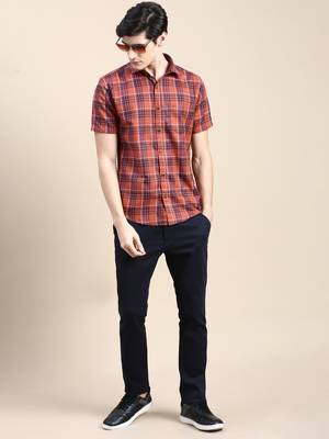 men's short sleeves tartan checks rust shirt 5