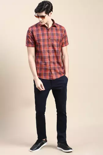 men's short sleeves tartan checks rust shirt