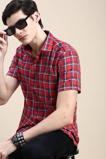 men's short sleeves tartan checks red shirt