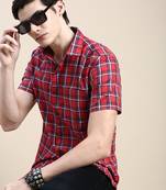 men's short sleeves tartan checks red shirt