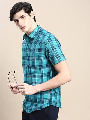 men's short sleeves tartan checks green shirt 1