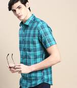 men's short sleeves tartan checks green shirt