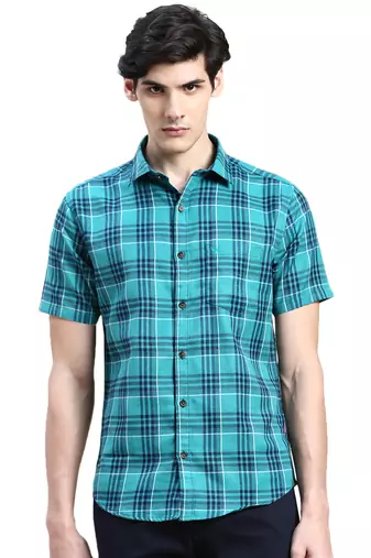 men's short sleeves tartan checks green shirt