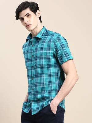 men's short sleeves tartan checks green shirt 3