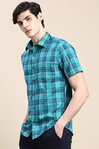 men's short sleeves tartan checks green shirt