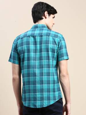 men's short sleeves tartan checks green shirt 4