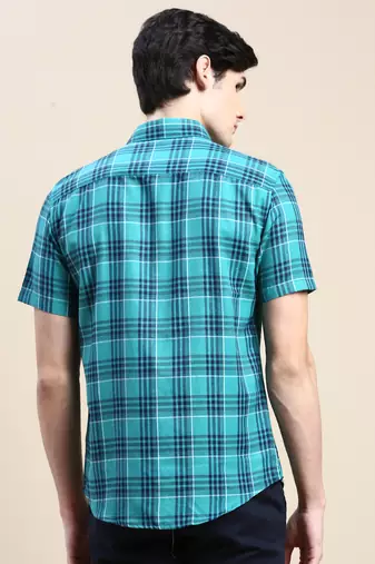 men's short sleeves tartan checks green shirt
