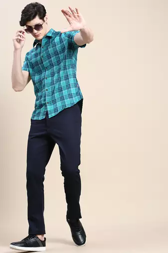 men's short sleeves tartan checks green shirt
