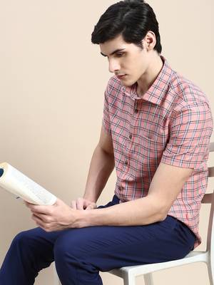 men's short sleeves tartan checks pink shirt 1