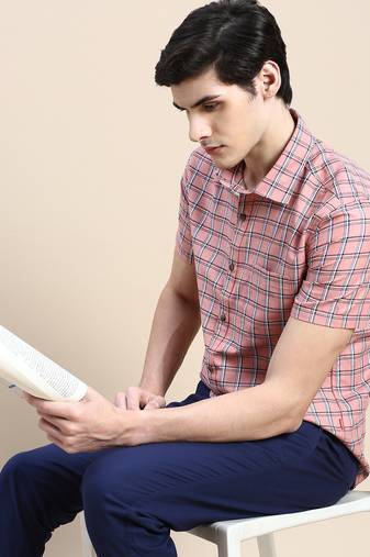 men's short sleeves tartan checks pink shirt