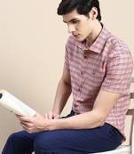 men's short sleeves tartan checks pink shirt