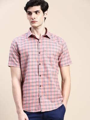 men's short sleeves tartan checks pink shirt 2