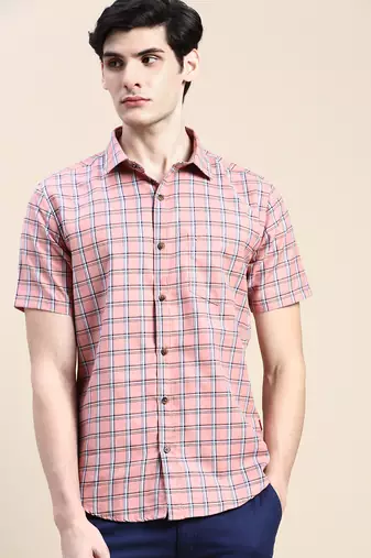 men's short sleeves tartan checks pink shirt