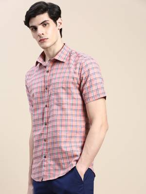 men's short sleeves tartan checks pink shirt 3