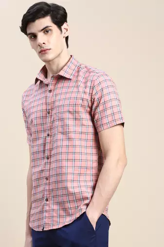 men's short sleeves tartan checks pink shirt