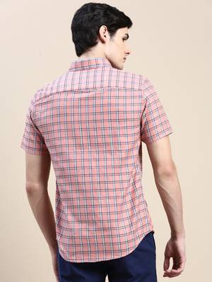 men's short sleeves tartan checks pink shirt 4