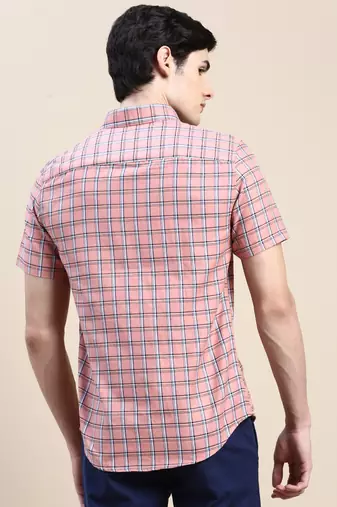 men's short sleeves tartan checks pink shirt