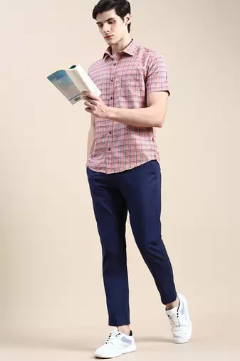 men's short sleeves tartan checks pink shirt