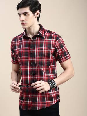 men's short sleeves tartan checks red shirt 1