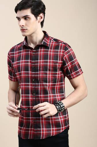 men's short sleeves tartan checks red shirt