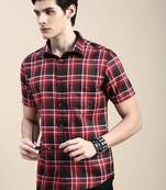 men's short sleeves tartan checks red shirt