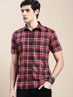 men's short sleeves tartan checks red shirt 2