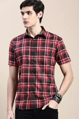 men's short sleeves tartan checks red shirt
