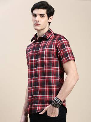 men's short sleeves tartan checks red shirt 3