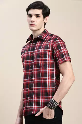 men's short sleeves tartan checks red shirt