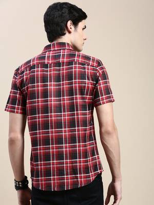 men's short sleeves tartan checks red shirt 4