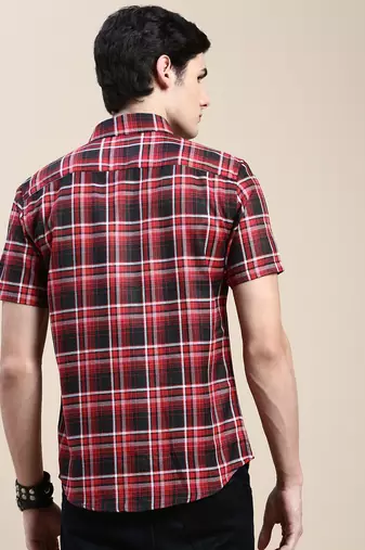 men's short sleeves tartan checks red shirt