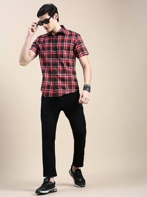 men's short sleeves tartan checks red shirt 5