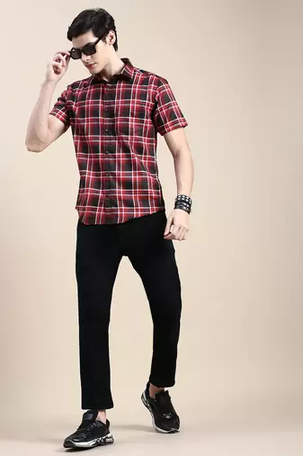 men's short sleeves tartan checks red shirt
