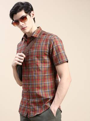 men's short sleeves tartan checks brown shirt 1