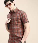 men's short sleeves tartan checks brown shirt