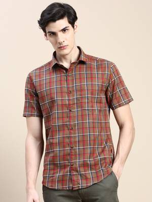 men's short sleeves tartan checks brown shirt 2