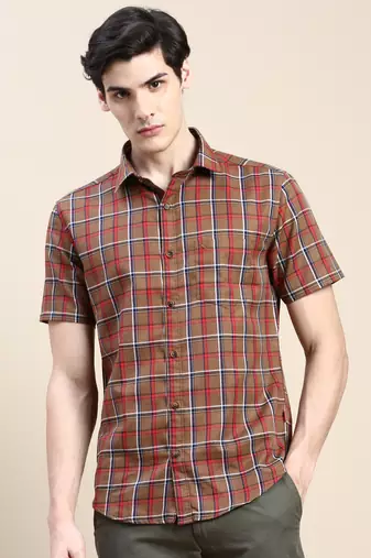men's short sleeves tartan checks brown shirt