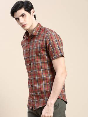 men's short sleeves tartan checks brown shirt 3