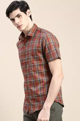men's short sleeves tartan checks brown shirt