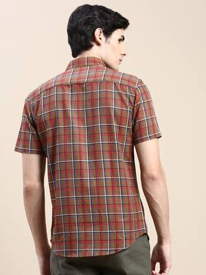men's short sleeves tartan checks brown shirt 4