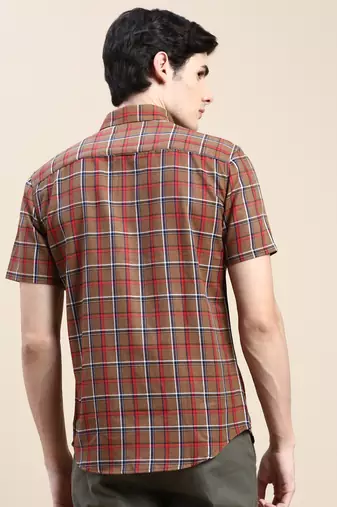 men's short sleeves tartan checks brown shirt