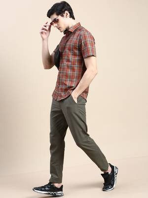 men's short sleeves tartan checks brown shirt 5