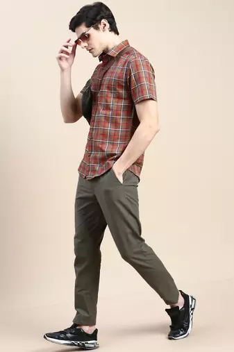 men's short sleeves tartan checks brown shirt