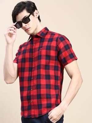 men's short sleeves tartan checks red shirt 1