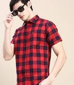 men's short sleeves tartan checks red shirt