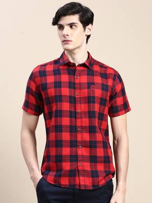 men's short sleeves tartan checks red shirt 2