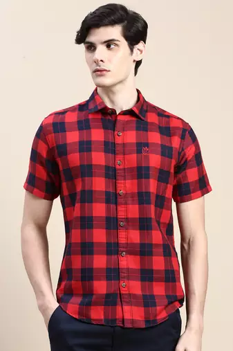 men's short sleeves tartan checks red shirt